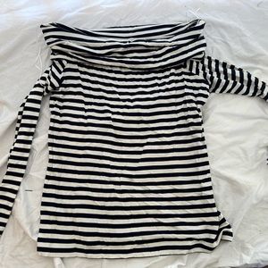 navy blue and white striped stretchy off the shoulder , quarter length sleeve